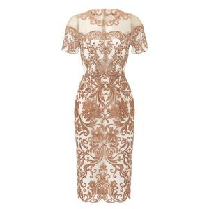 Marchesa Notte Metallic Jaipur Sheath Midi Dress Gold and White Illusion Lace